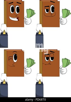 Bücher Chef mit Koffer oder Tasche Holding oder Geldscheinen. Comic Book Collection mit glücklichen Gesichtern. Ausdrücke Vektor einrichten. Stock Vektor