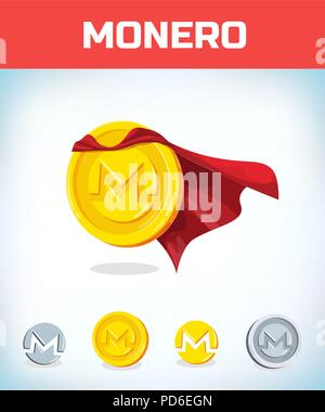 Lustig super hero Geschäftsmann flying monero. Miner bit Münze digitale Währung cryptocurrency. Orange Münze mit monero Symbol isoliert weißer Hintergrund. Virtuelles Geld Konzept. Cartoon Vektor-illustration flachem Design Stock Vektor