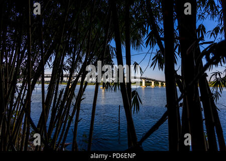 Einen malerischen Blick über die Silhouette von Bambus auf das Wasser und eine Brücke von einem zum Cam Kim Dorf Hoi An. Blaues Wasser, blauer Himmel und alle THROUG Stockfoto