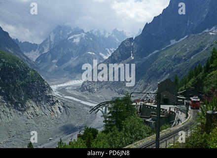 Montenvers Bahnhof und Mer de Glace Gletscher, Mont Blanc, Französische Alpen, Frankreich Stockfoto