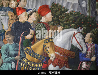 Prozession der Heiligen Drei Könige in der Wandmalerei von der italienischen Renaissance Maler Benozzo Gozzoli in die Heiligen Drei Könige Kapelle im Palazzo Medici Riccardi in Florenz, Toskana, Italien dargestellt. Stockfoto