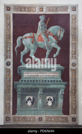 Equestrian Denkmal für Sir John Hawkwood in das Fresko von der italienischen Renaissance Maler Paolo Uccello (1436) in der Kathedrale von Florenz (Duomo di Firenze) in Florenz, Toskana, Italien dargestellt. Stockfoto