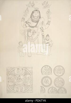 Ein 1853 Skizze des 6. Jahrhunderts Steinmetzarbeiten der ständigen Narasimha Man-Lion Vishnu Avatar, andere Decke Decke Kunstwerke im Cave 3, Badami hinduistischen Höhlentempel Karnataka. Stockfoto