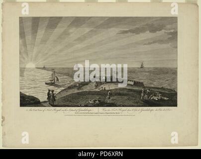 Ein nach Osten Blick über Fort Royal auf der Insel Guadeloupe - Vue du Fort Royal, dans l'Isle de Guadaloupe, du Cote de l'Est, gezeichnet an Ort und Stelle durch Lieut Bogen Campbell Ingenieur, gestochen von Peter Mazell. Stockfoto