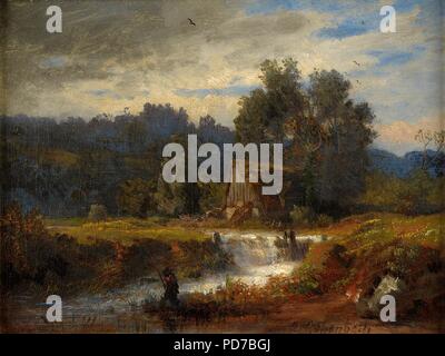 Andreas Achenbach norwegische Landschaft mit Angler. Stockfoto