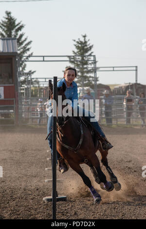 Ein junges Mädchen auf dem Pferderücken konkurriert in der Pole Bending Konkurrenz an der Nanton Nite Rodeo, Nanton, Alberta, Kanada Stockfoto