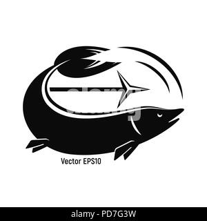 Fisch mit Harpune für die Fischerei. Schwarz und Weiß ist ein einfaches Symbol. Vector Illustration. Stock Vektor