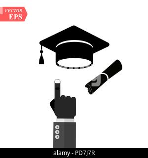 Skalenhaube und Diplom schwarz Web Icon. Vector Illustration. Ein Zeiger auf die Graduierung cap Symbol. Stock Vektor