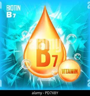 Vitamin B7 Biotin Vektor. Vitamin Öl Gold Drop Symbol. Droplet "organische Gold. Medizin Flüssigkeit, goldenen Stoff. Für Promo Ads Design. Tropfenfänger 3D-Komplex mit der chemischen Formel. Abbildung: Stock Vektor