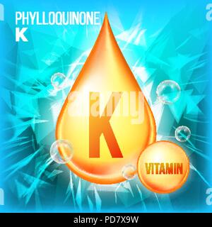 Vitamin K Phylloquinone Vektor. Vitamin Öl Gold Drop Symbol. Droplet "organische Gold. Für Beauty, Kosmetik, Heide Promo Ads Design. Tropfenfänger 3D-Komplex mit der chemischen Formel. Abbildung: Stock Vektor