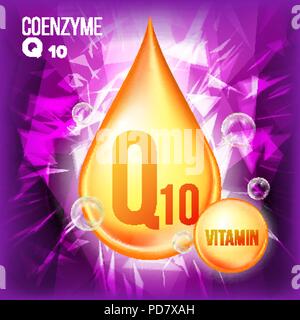 Vitamin Q10 Coenzym Vektor. Organische Vitamin Gold Drop Symbol. Medizin Flüssigkeit, goldenen Stoff. Für Beauty, Kosmetik, Heide Promo Ads Design. Tropfenfänger 3D-Komplex mit der chemischen Formel. Abbildung: Stock Vektor