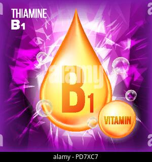 Vitamin B1 Thiamin Vektor. Vitamin Öl Gold Drop Symbol. Droplet "organische Gold. Für Beauty, Kosmetik, Heide Promo Ads Design. Tropfenfänger 3D-Komplex mit der chemischen Formel. Abbildung: Stock Vektor