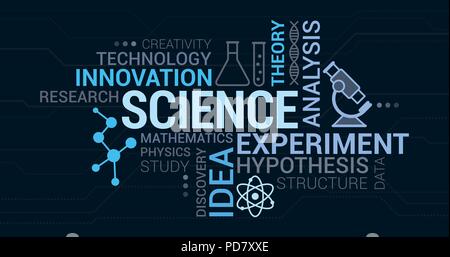 Wissenschaft, Forschung und Innovation tag cloud mit Symbole und Konzepte Stock Vektor