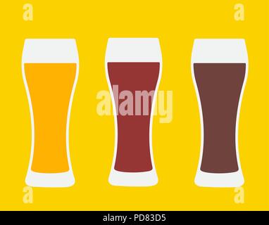 Biergläser. Drei Versionen light Bier, dunkles Bier und amber Bier. Isolierte Vector Illustration. Stock Vektor