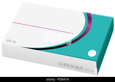 Dummy Medizin Paket. Unbeschriftete Packung Tabletten. Pharmazeutischen pillen Box mit leeres Etikett. Stockfoto