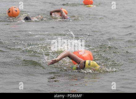 Nanjing, China Provinz Shandong. 7 Aug, 2018. Während eines Konkurrenten schwimmen schwimmen Wettbewerb die Yihe River Crossing in Dalian, der ostchinesischen Provinz Shandong, Aug 7, 2018. Schwimmer aus Shandong nehmen an dem Wettbewerb teil am Montag, dem Chinesischen solar Begriff "Beginn der Herbst' in diesem Jahr. Credit: Xu Chuanbao/Xinhua/Alamy leben Nachrichten Stockfoto