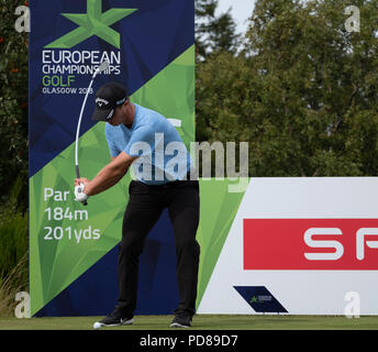 Gleneagles, Schottland, Großbritannien; 7. August, 2018. Praxis Tag in Gleneagles auf die Europameisterschaft 2018. Abgebildet; Callum Shinkwin auf dem T-Stück. Credit: Iain Masterton/Alamy leben Nachrichten Stockfoto