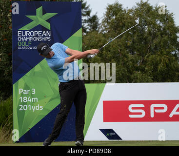 Gleneagles, Schottland, Großbritannien; 7. August, 2018. Praxis Tag in Gleneagles auf die Europameisterschaft 2018. Abgebildet; Callum Shinkwin auf dem T-Stück. Credit: Iain Masterton/Alamy leben Nachrichten Stockfoto