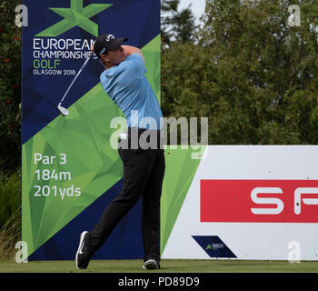 Gleneagles, Schottland, Großbritannien; 7. August, 2018. Praxis Tag in Gleneagles auf die Europameisterschaft 2018. Abgebildet; Callum Shinkwin auf dem T-Stück. Credit: Iain Masterton/Alamy leben Nachrichten Stockfoto