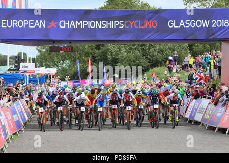 Cathkin Braes, Glasgow, UK. 7. August 2018. Die Männer, s cross country Mountainbike Studien über Cathkin Braes gehalten wurde, im Süden von Glasgow City mit einem Feld von 59 internationalen Reiter, die Versuche von Lars Forster aus der Schweiz Kredit gewonnen wurde: Findlay/Alamy leben Nachrichten Stockfoto