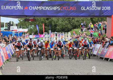 Cathkin Braes, Glasgow, UK. 7. August 2018. Die Männer, s cross country Mountainbike Studien über Cathkin Braes gehalten wurde, im Süden von Glasgow City mit einem Feld von 59 internationalen Reiter, die Versuche von Lars Forster aus der Schweiz Kredit gewonnen wurde: Findlay/Alamy leben Nachrichten Stockfoto