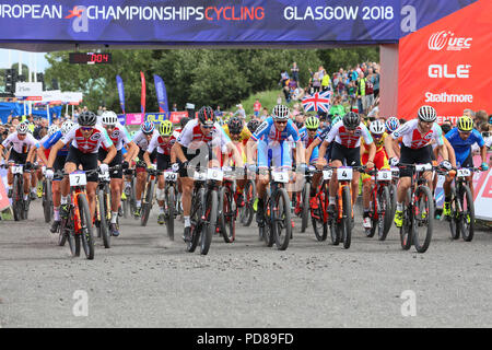 Cathkin Braes, Glasgow, UK. 7. August 2018. Die Männer, s cross country Mountainbike Studien über Cathkin Braes gehalten wurde, im Süden von Glasgow City mit einem Feld von 59 internationalen Reiter, die Versuche von Lars Forster aus der Schweiz Kredit gewonnen wurde: Findlay/Alamy leben Nachrichten Stockfoto