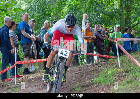 Glasgow, Schottland, Großbritannien. 7. August 2018. Timofei Ivanov Russland Fahrten bei den Herren Mountainbike Cross-Country bei Cathkin Braes Mountainbike Trails am Tag sechs der Europäischen Meisterschaften Glasgow 2018. Credit: Skully/Alamy leben Nachrichten Stockfoto