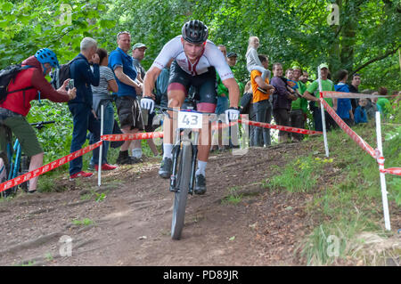 Glasgow, Schottland, Großbritannien. 7. August 2018. Arnis Petersons Lettlands Fahrten bei den Herren Mountainbike Cross-Country bei Cathkin Braes Mountainbike Trails am Tag sechs der Europäischen Meisterschaften Glasgow 2018. Credit: Skully/Alamy leben Nachrichten Stockfoto