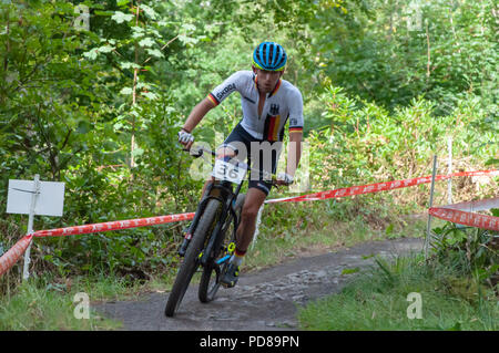 Glasgow, Schottland, Großbritannien. 7. August 2018. Ben Zwiehoff Deutschlands Fahrten bei den Herren Mountainbike Cross-Country bei Cathkin Braes Mountainbike Trails am Tag sechs der Europäischen Meisterschaften Glasgow 2018. Credit: Skully/Alamy leben Nachrichten Stockfoto