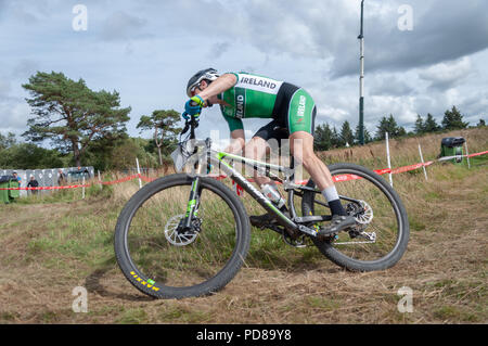 Glasgow, Schottland, Großbritannien. 7. August 2018. Gareth McKee von Irland Fahrten bei den Herren Mountainbike Cross-Country bei Cathkin Braes Mountainbike Trails am Tag sechs der Europäischen Meisterschaften Glasgow 2018. Credit: Skully/Alamy leben Nachrichten Stockfoto