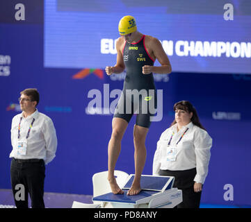 7. August 2018 Tollcross International Swimming Centre, Glasgow, Schottland, Glasgow 2018 Schwimm-EM; Sarah Sjoestroem (SWE) bereitet sich auf die 100 m Freistil Halbfinale Stockfoto