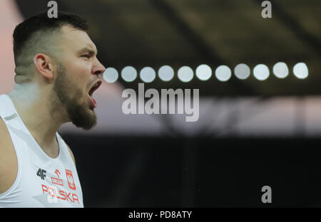 Berlin, Deutschland. 07 Aug, 2018. Leichtathletik: Europäische Leichtathletik WM im Olympiastadion. Kugelstoßen, Männer, Finale, Konrad Bukowiecki aus Polen cheers. Credit: Kay Nietfeld/dpa/Alamy leben Nachrichten Stockfoto