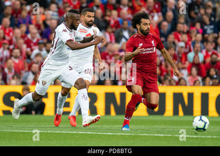 Liverpool, Großbritannien. 7. August 2018. Liverpools Mohamed Salah in Aktion während des heutigen Match 7 h August 2018, Liverpool, Liverpool, England; Pre-Saison freundlich, Liverpool v Torino Credit: Aktuelles Bilder/Alamy leben Nachrichten Stockfoto