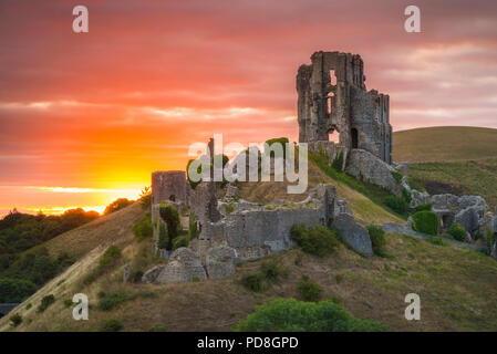 Corfe Castle, Dorset, Großbritannien. 8. August 2018. UK Wetter. Ein dramatischer Sonnenaufgang an den Ruinen von Corfe Castle in Dorset. Der Sonnenaufgang war bald verdeckt durch eine Verdickung band der Wolke, die Regen kurz nach produziert. Foto: Graham Jagd-/Alamy leben Nachrichten Stockfoto