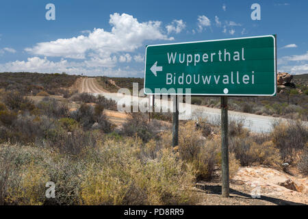 Zeichen für Wupperthal und die Biedouw Valley in der cederberg Mountains von Südafrika. Stockfoto