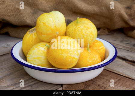 Zitrone Gurken, auch als Cucumis sativus auf einem rustikalen Holzmöbeln Hintergrund bekannt. Stockfoto