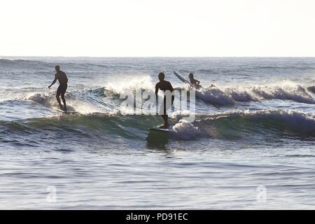 Surfer und Einheimischen nehmen an den Strand und ihre surfbretter während der abschließenden Momente der Tageshelligkeit. Stockfoto