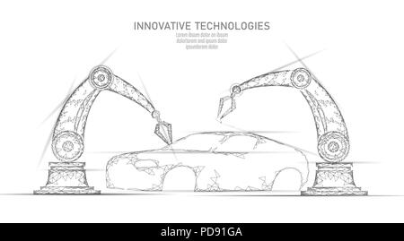Low Poly Roboterarm Montage Fahrzeug Automatisierungstechnik. Industrie Fabrik Roboter Maschine Schweißer. Auto Body Welding android Hand polygon weißes Dreieck geometrischer Vektor illustration Stock Vektor