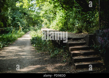 Stillgelegte, überwucherten Bahnsteigen Beton des alten Crouch End Station entlang der alten Bahnlinie/Track auf die Parklandschaft Spaziergang in Haringey, N. London Stockfoto