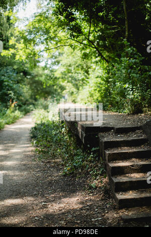 Stillgelegte, überwucherten Bahnsteigen Beton des alten Crouch End Station entlang der alten Bahnlinie/Track auf die Parklandschaft Spaziergang in Haringey, N. London Stockfoto