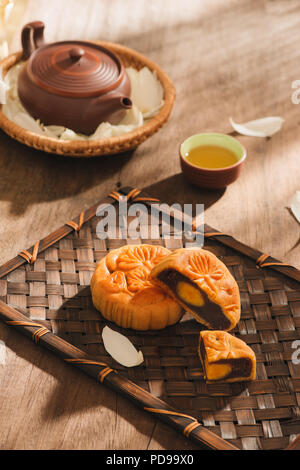 Mooncakes, die vietnamesischen Gebäck traditionell während der Mondfest gegessen. Text auf Kuchen bedeutet Glück. Stockfoto