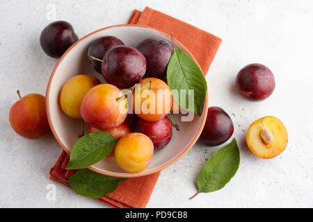 Frische bunte Pflaumen in der Schüssel am weißen Stein Hintergrund Stockfoto