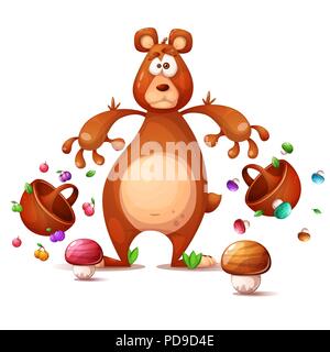 Lustig, nett, Crazy Bear sammelt Beeren. Cartoon Illustration. Stock Vektor