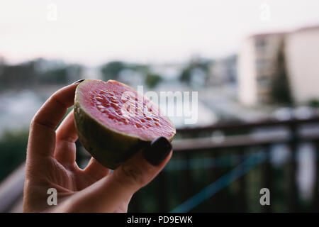 Close up Essen Bild von slised dragon Obst in der Hand der Frau. Travel inspiration Foto mit einer geringen Tiefenschärfe. Blur Hintergrund mit Copyspace für d Stockfoto