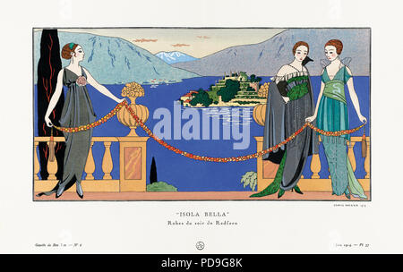 Isola Bella. Wunderschöne Insel. (Lago Maggiore, Italien). Robes de soir de Redfern. Abendkleider von Redfern. Art-Deco-Mode-Illustration des französischen Künstlers Georges Barbier, 1882-1932. Die Arbeit wurde für die Gazette du Bon Ton, ein Pariser Modemagazin, erstellt, das zwischen 1912-1915 und 1919-1925 veröffentlicht wurde. Stockfoto