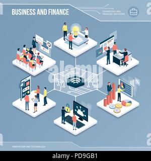 Digitaler Kern: Business, Finanzen und Netzwerke isometrische Infografik mit Menschen Stock Vektor