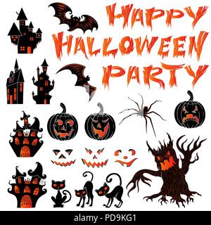 Stilisierten Silhouetten für Happy Halloween und Partei isoliert auf den weißen Hintergrund schwarz und orange Vektor für Design Postkarten und Poster Stock Vektor