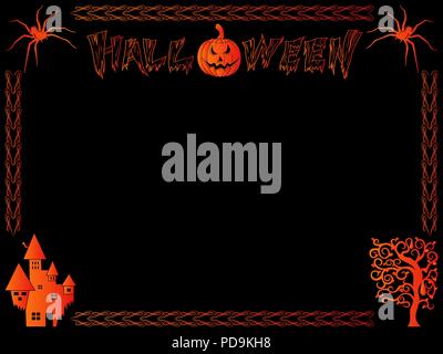 Postkarte für Halloween mit hellen orange Dekoration und dekorativen Rahmen auf dem schwarzen Hintergrund, Vektor hand Zeichnung Stock Vektor