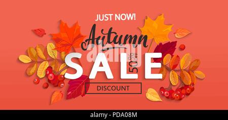 Banner für Herbst Sale mit bunten saisonale Herbstlaub und Rowan für shopping rabatt Förderung. Vector Illustration. Stock Vektor