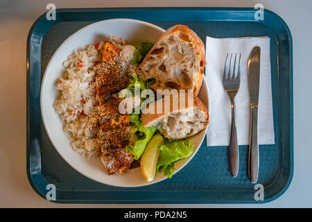 Traditionelle isländische gegrilltem Fisch, Reis und Salat, Sommer, Hallenbad Stockfoto